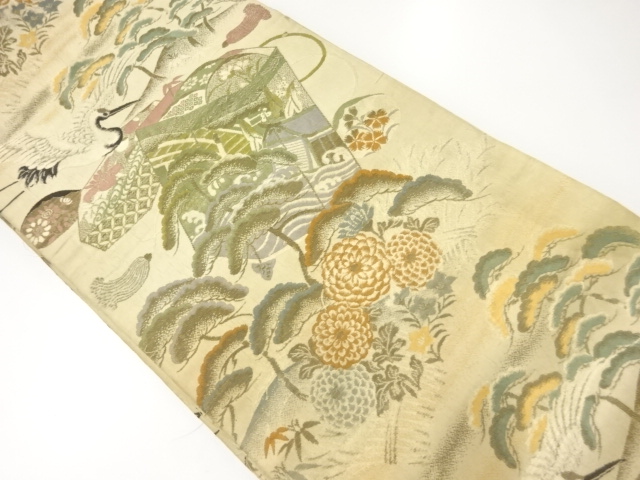 JAPANESE KIMONO / ANTIQUE MARU OBI / WOVEN PINE & CRANE